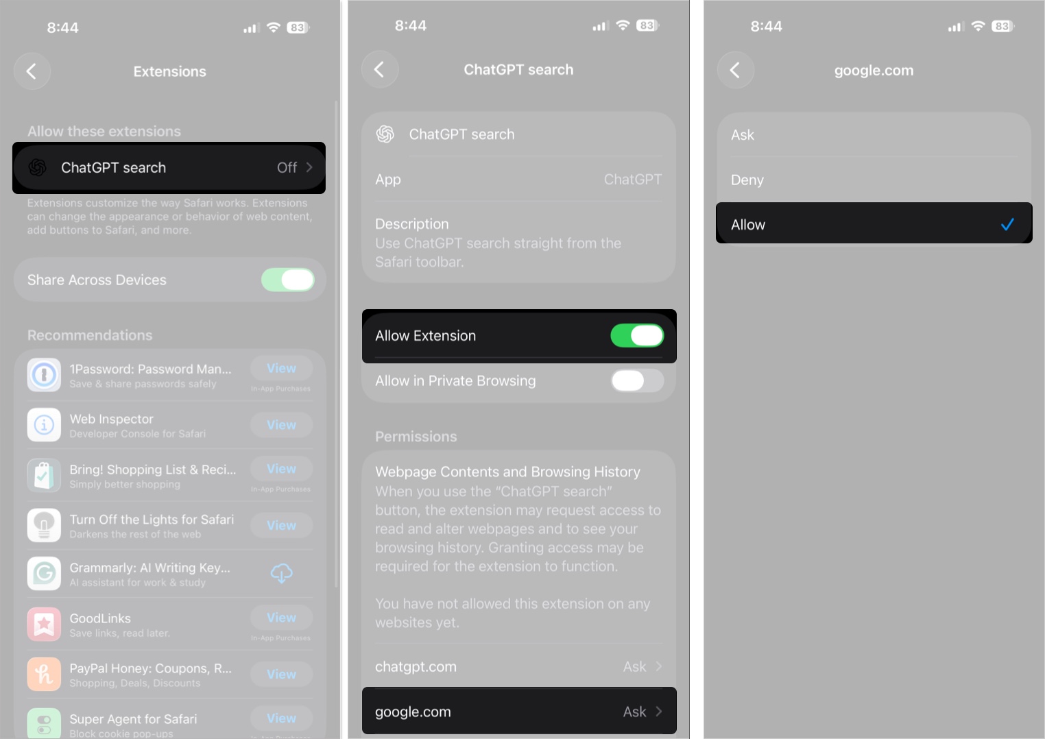 Tap ChatGPT search and Toggle on Allow Extension