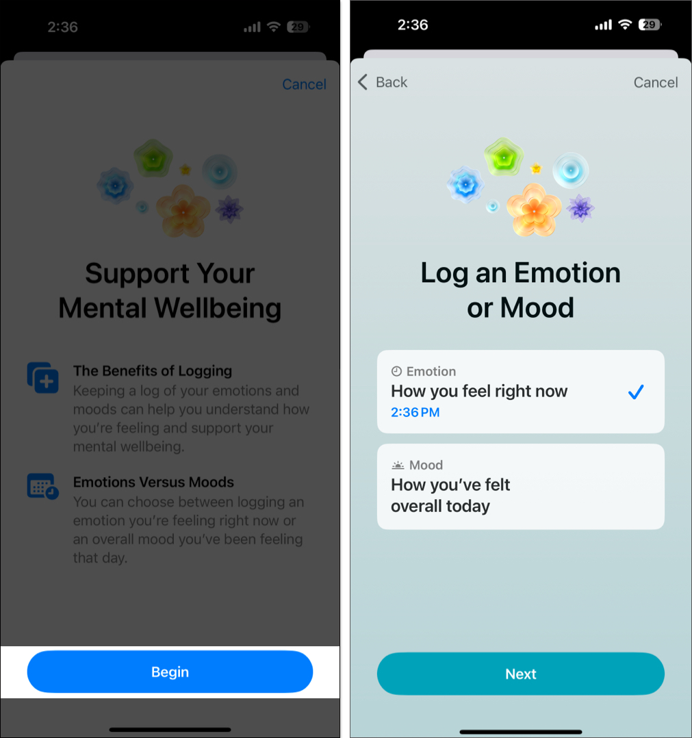 Log an emotion or mood option in the health app on an iphone
