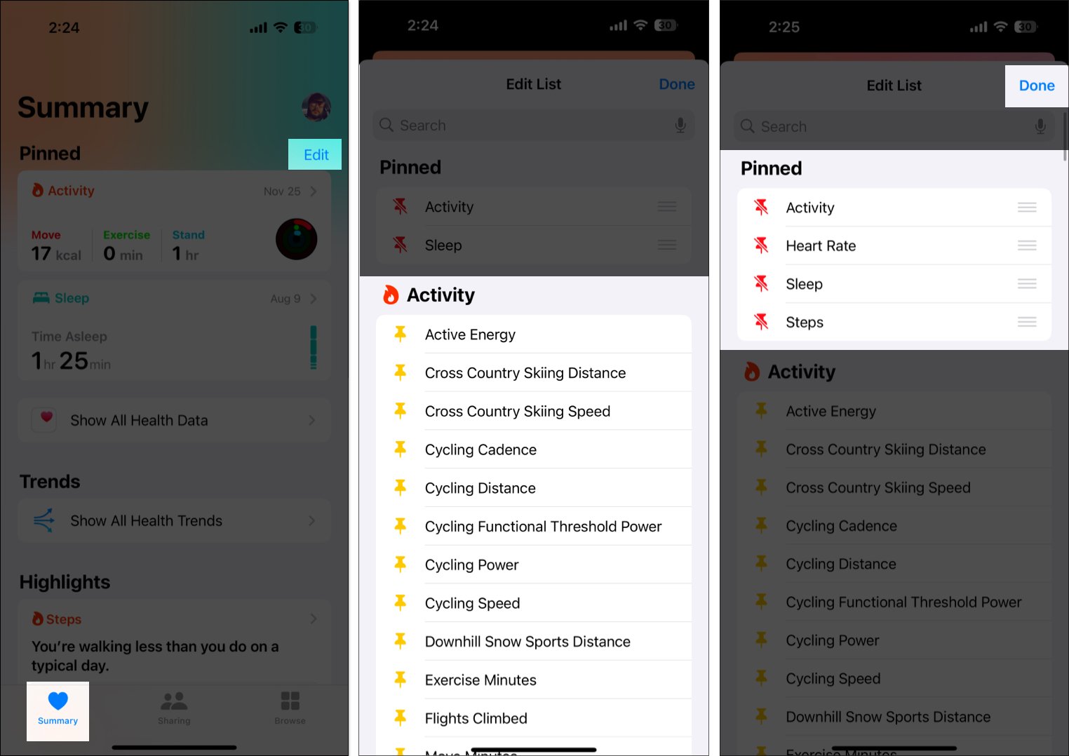 Pinning health metric to the summary tab in the health app on an iphone