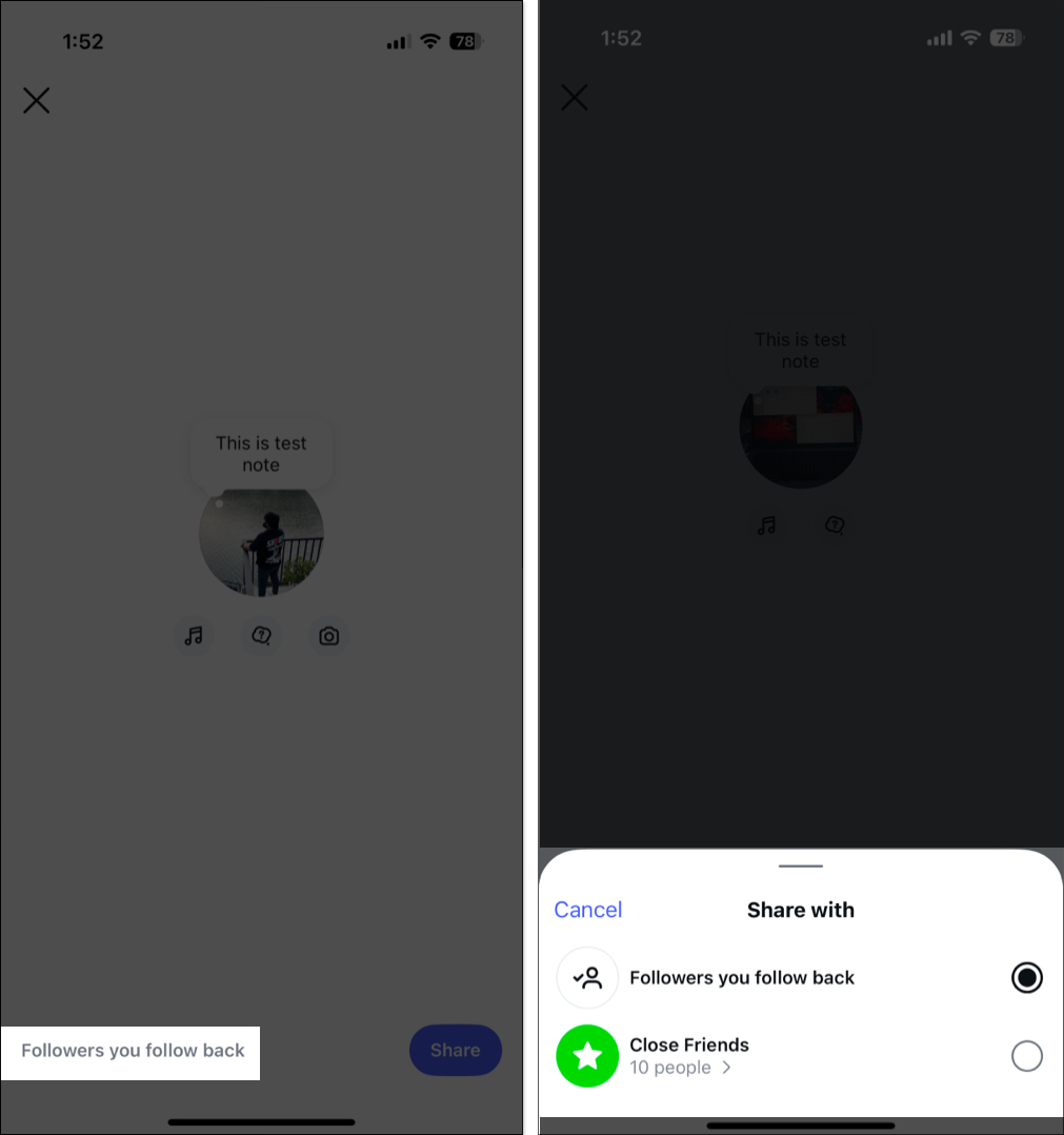 Tap on followers you follow back before share button to choose audience from the pop up menu on instagram