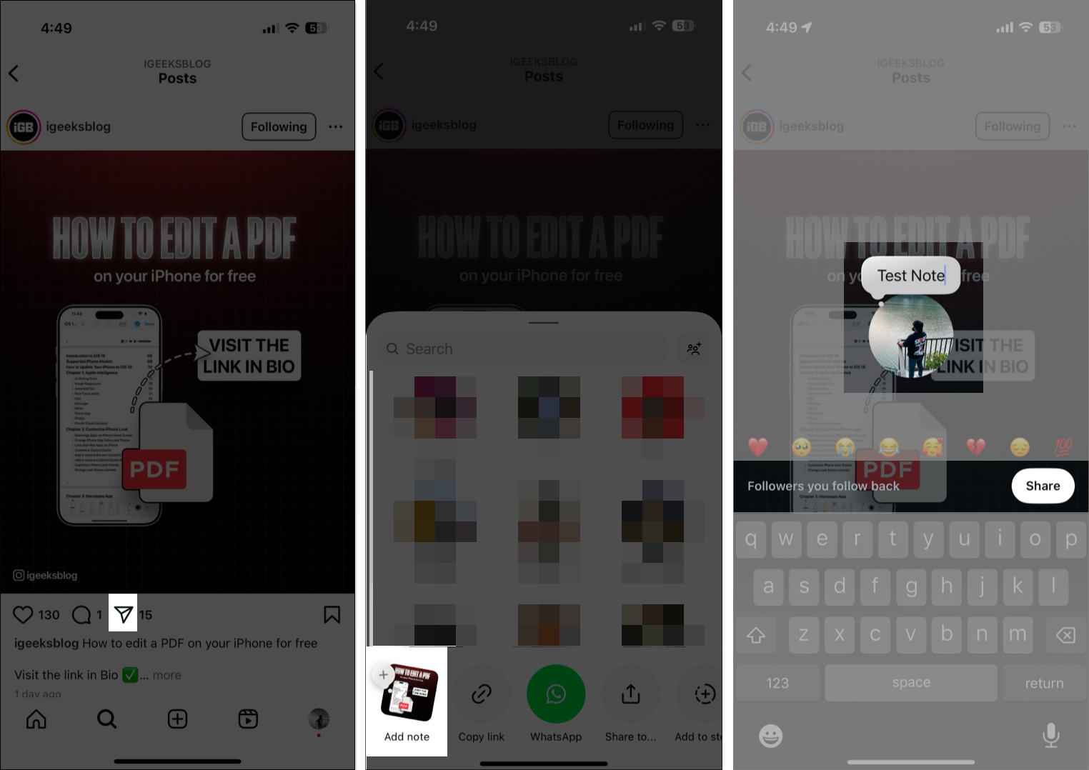 Tap on share icon on instagram post and select add note option from the share sheet