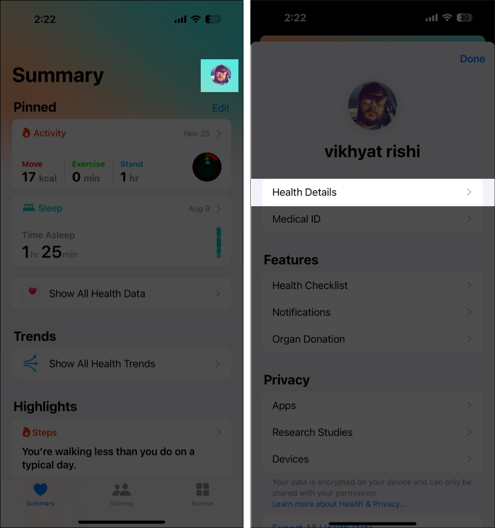 Accessing health details in the health app on an iphone
