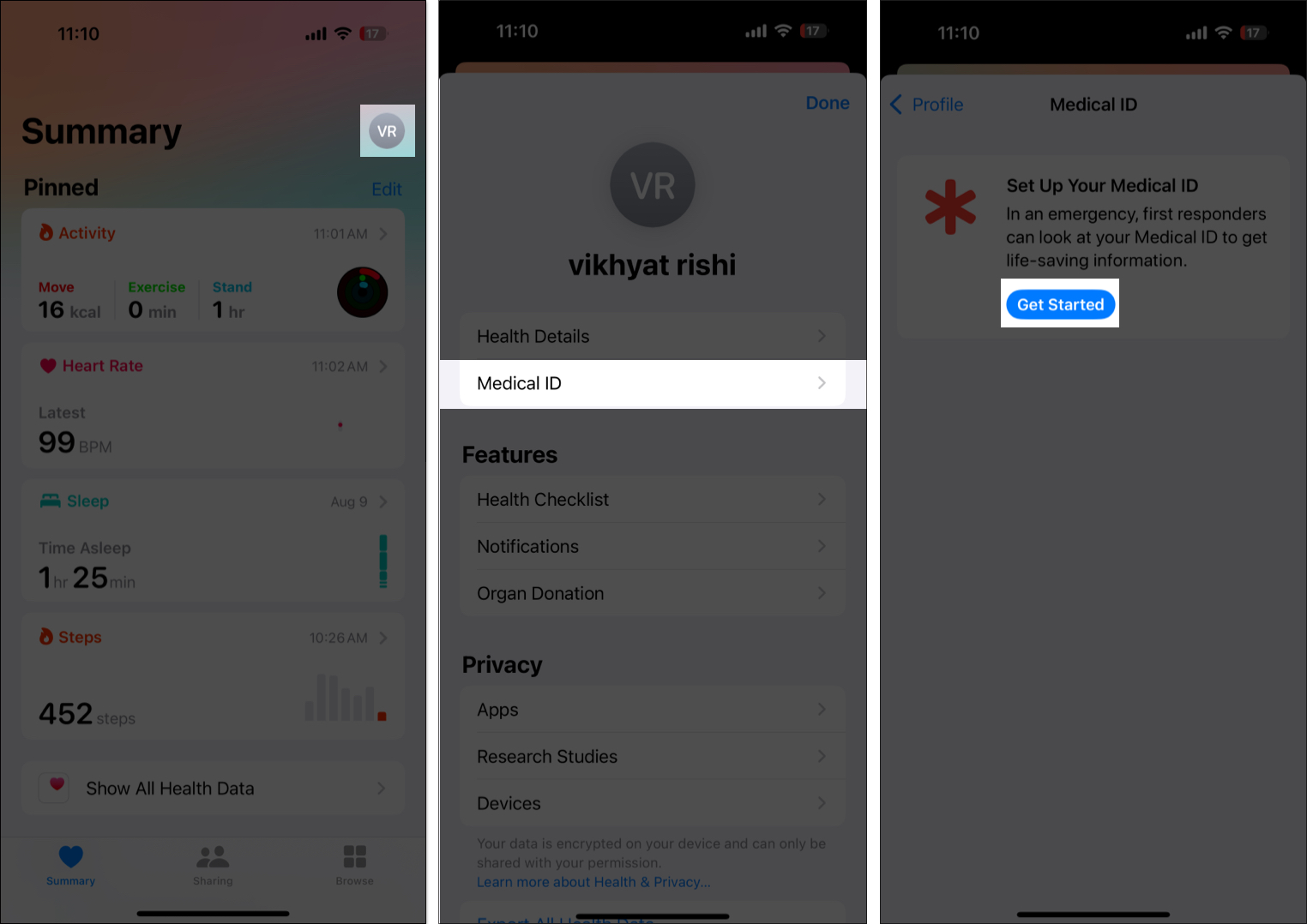 Tap on profile picture in Health app and select Medical ID on iPhone