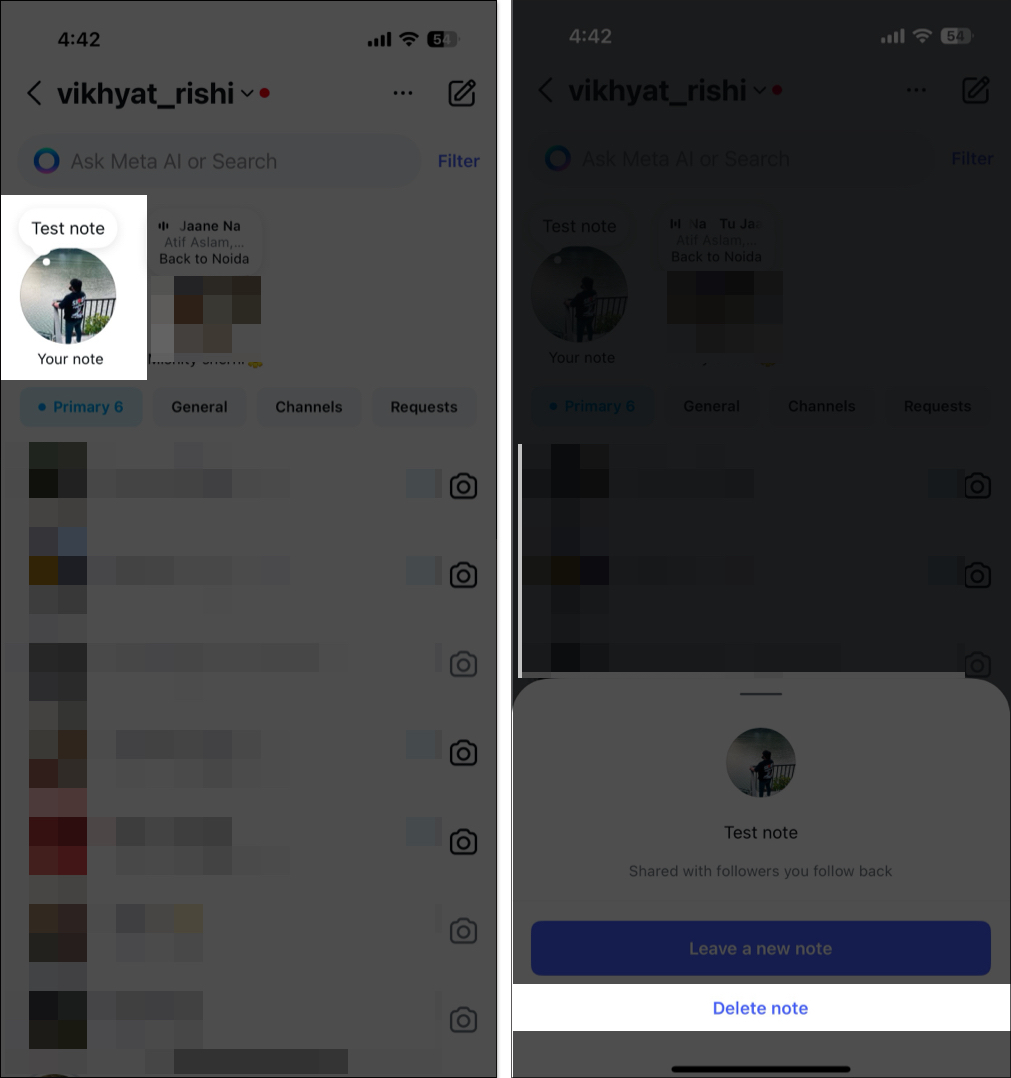 Tap on your note and select delete note from the pop up menu on instagram