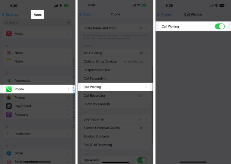 iphone settings call waiting