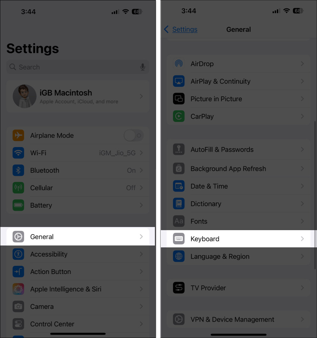 Accessing Keyboard settings on an iPhone