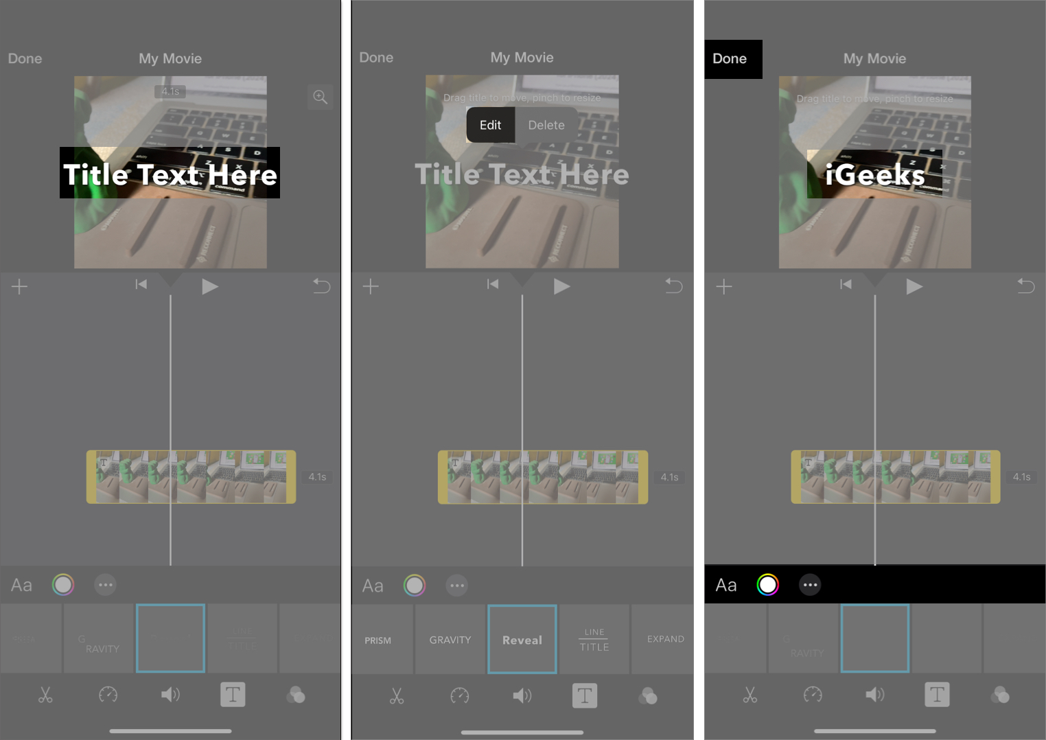Adding and editing text in a video in iMovie app.