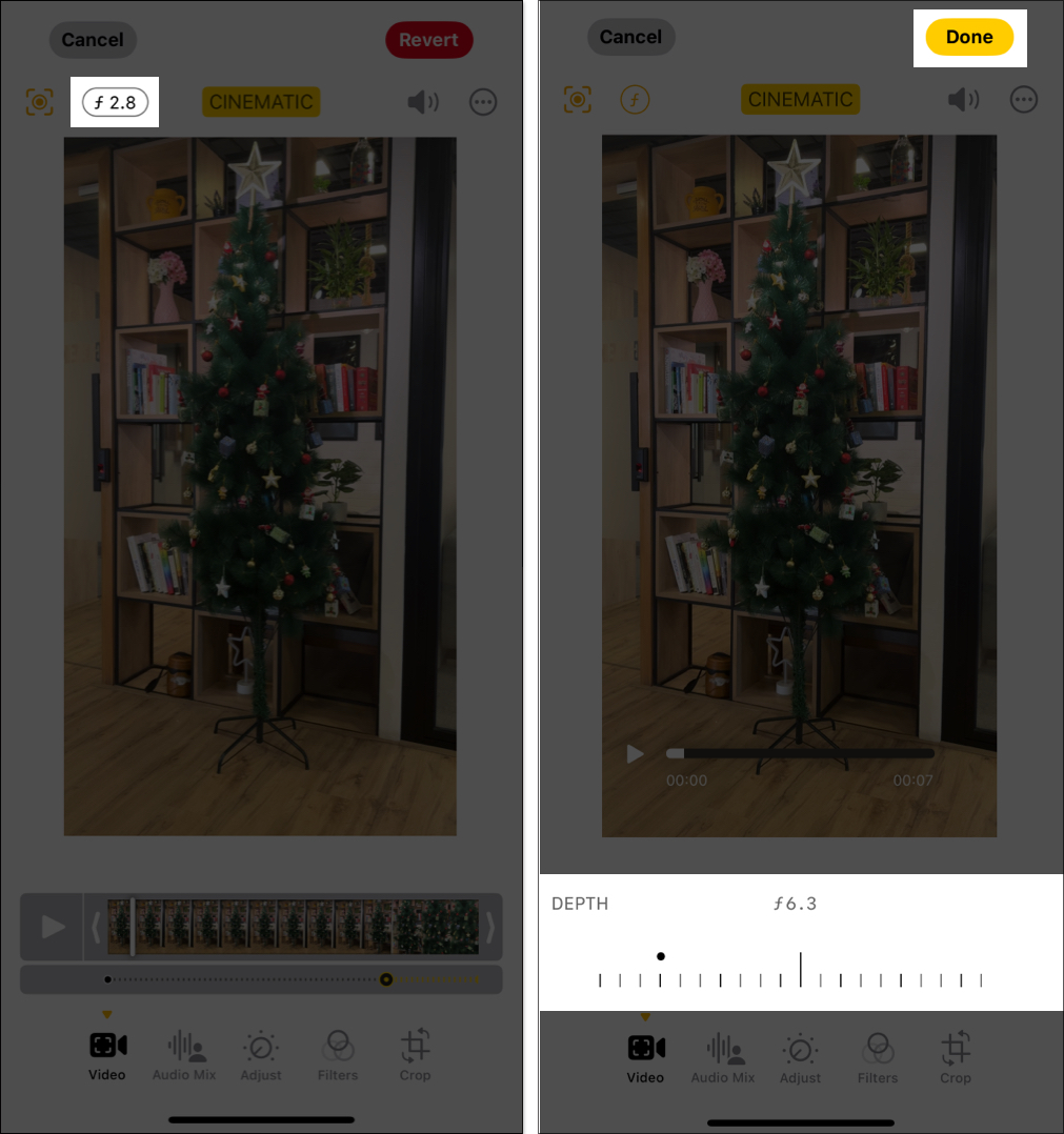 Changing depth of field intensity of cinematic video in Photos app on iPhone.