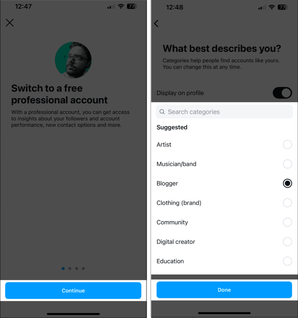 iPhone-da peşəkar Instagram hesabı üçün kateqoriya seçimi