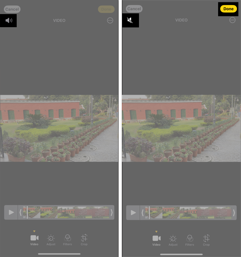 Removing sound from the video in Photos app.