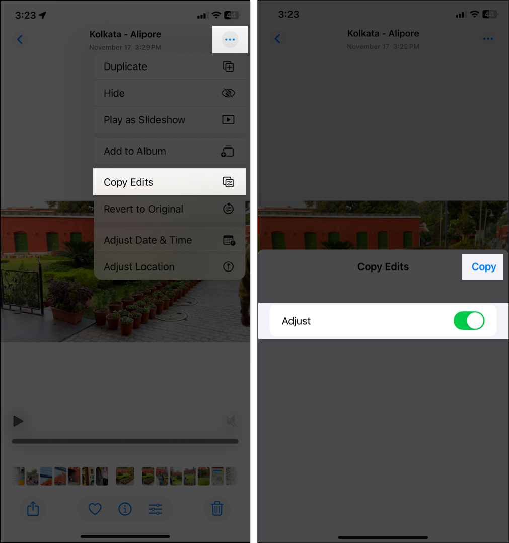 Select Copy Edits option from the dropdown menu and toggle on Adjust in Photos app.