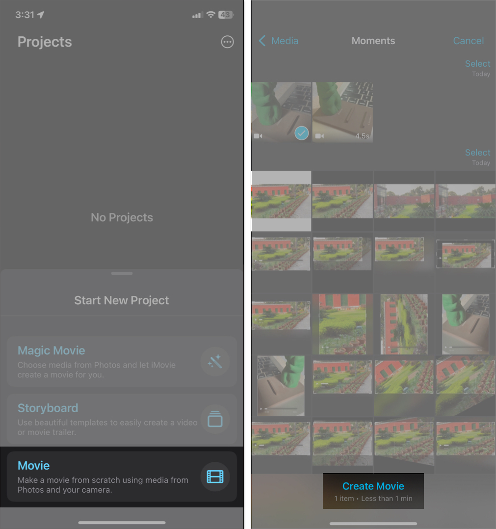 Select Create Movie in iMovie app on iPhone.