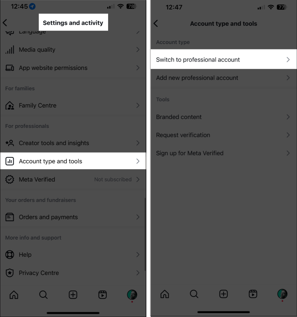Switching to a professional account in the Instagram settings page on an iPhone