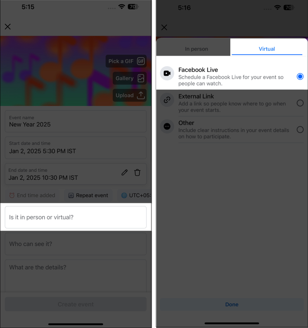 Koppintson rá, hogy személyesen vagy virtuális szövegmezőben válassza a Facebook Live lehetőséget