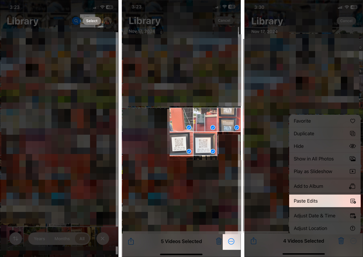 Tap on Paste Edits after selecting videos in Photos app.
