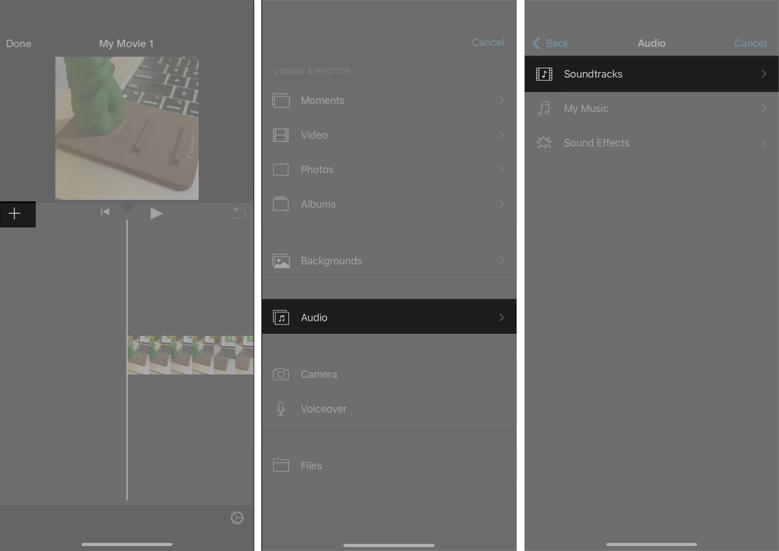 Tap on plus icon and select Audio in iMovie app.