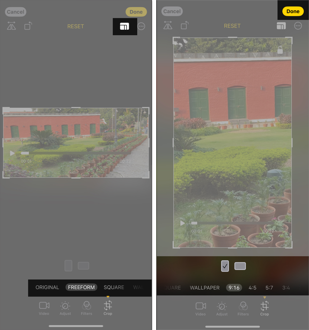 Tap on rectangle icon to crop video.