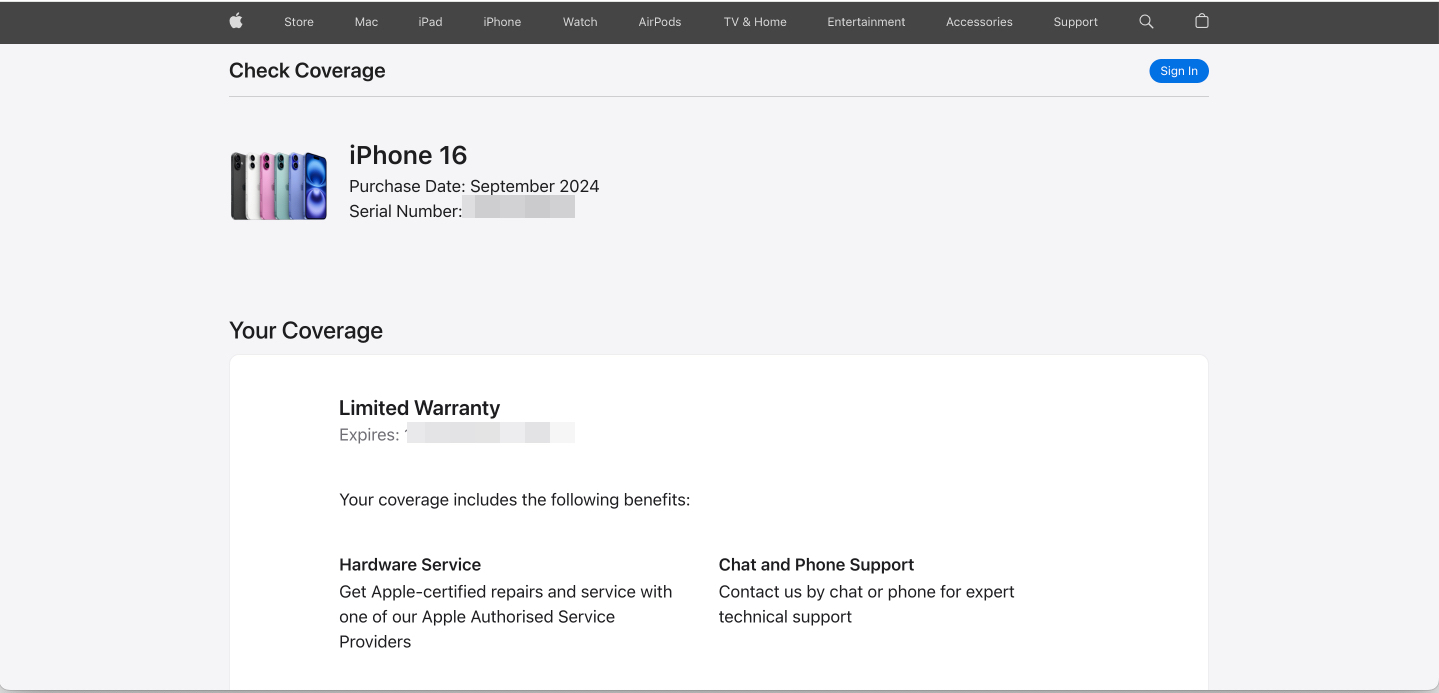 Checking coverage for an iPhone on Apple's Check Coverage tool.