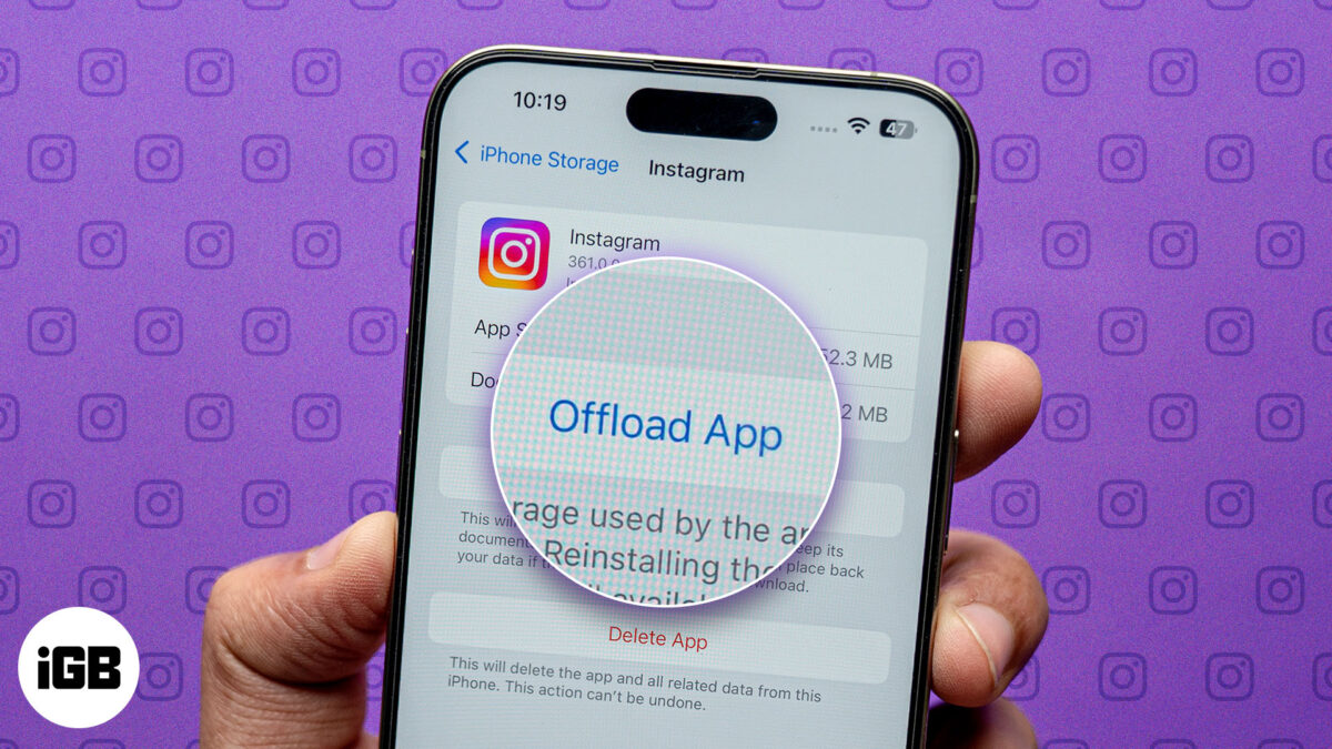 Using the offload app option to clear instagram cache on an iphone