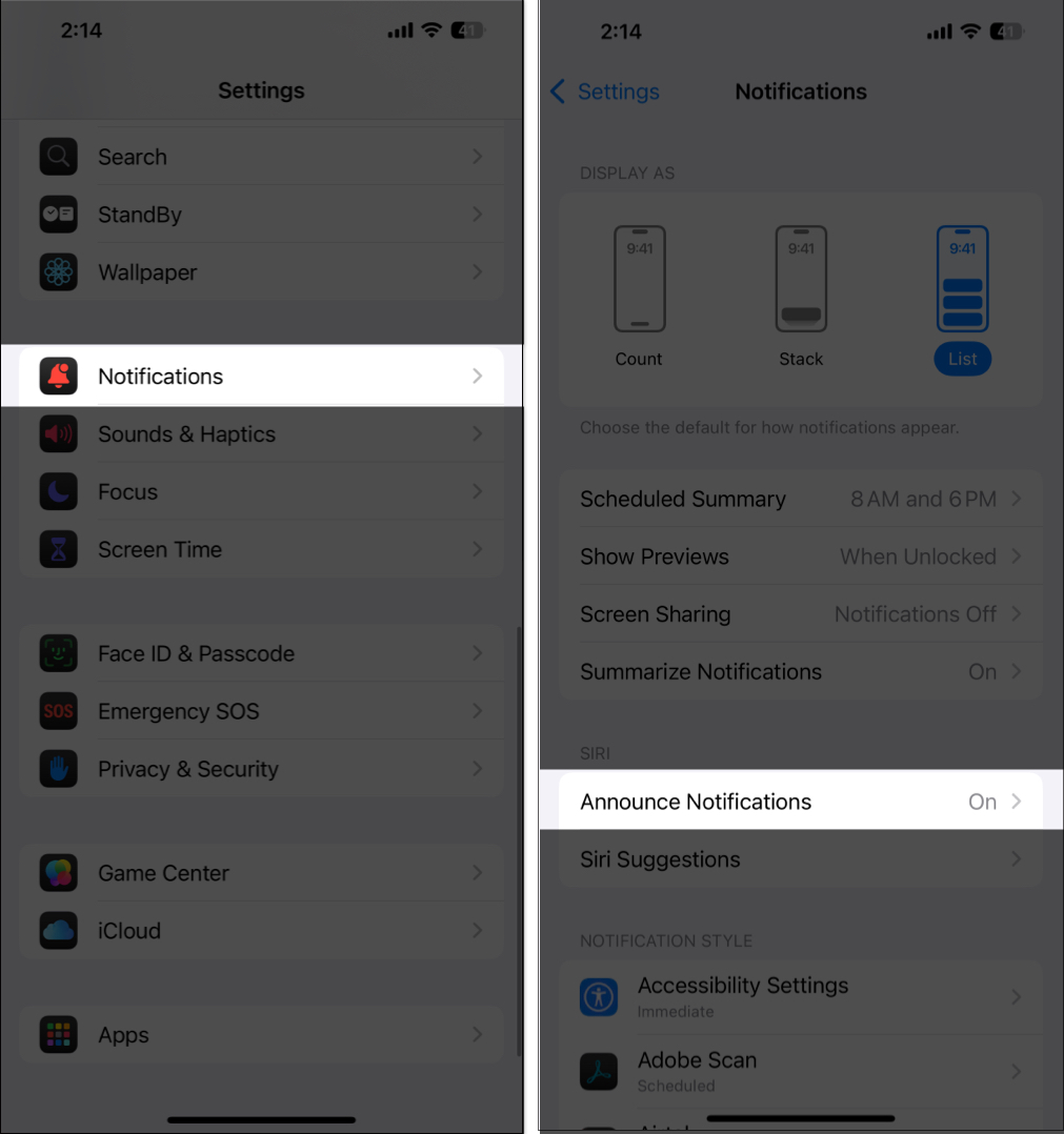 Select announce notification from the notification settings on iphone