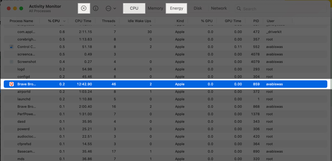 Select app from the Activity Monitor consuming battery and click on close icon