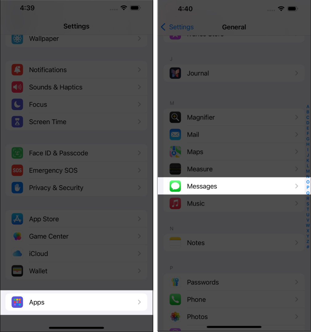 Få åtkomst till meddelanden under Appar i appen iPhone Inställningar