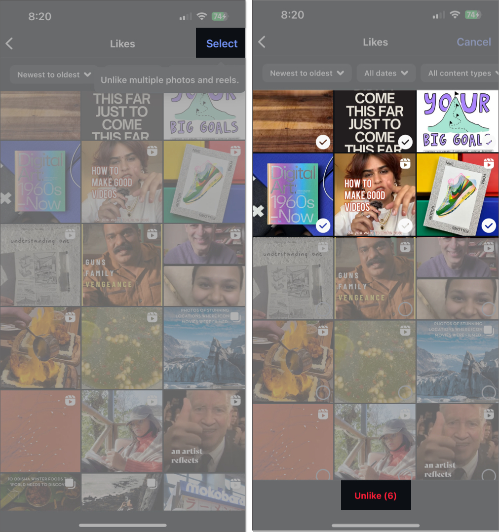 Hvordan se dine likte innlegg på Instagram 2025 Velge likte elementer til ulikt på Instagram på en iPhone