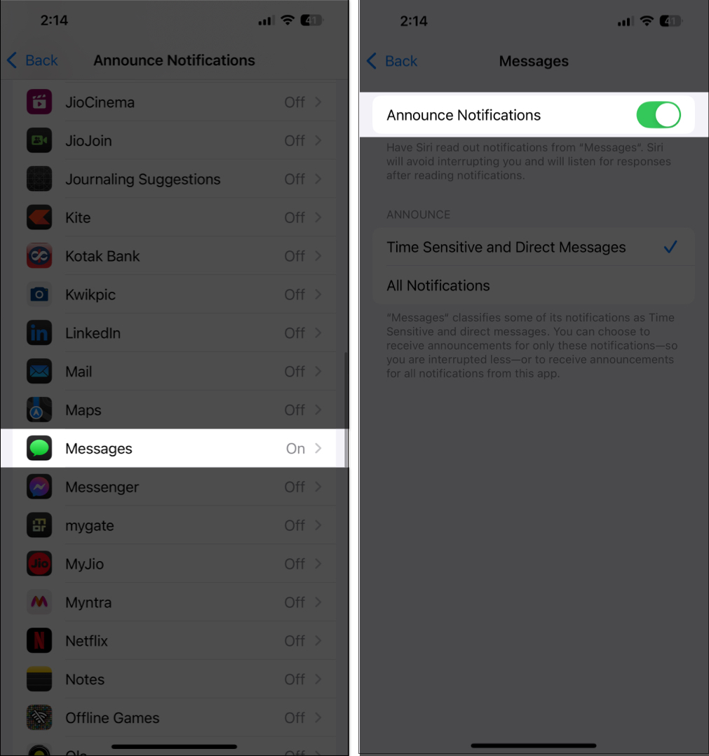 Toggling on announce notification for messages app in ios settings app