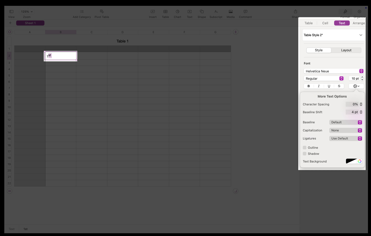 Adjust text position in Numbers select text Click Format Go to Text Open Font settings Use Baseline Shift arrows to move text up or down