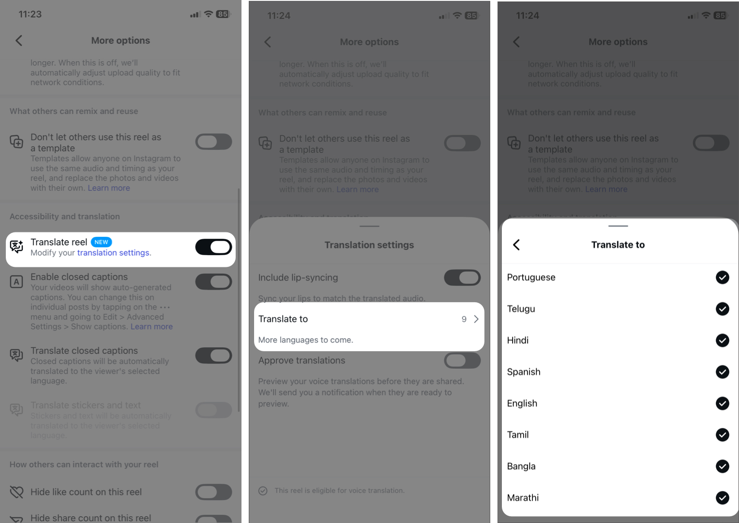 Mastering Instagram on iPhone: A Comprehensive Guide Enabling auto-translation and dubbing for Instagram Reels.