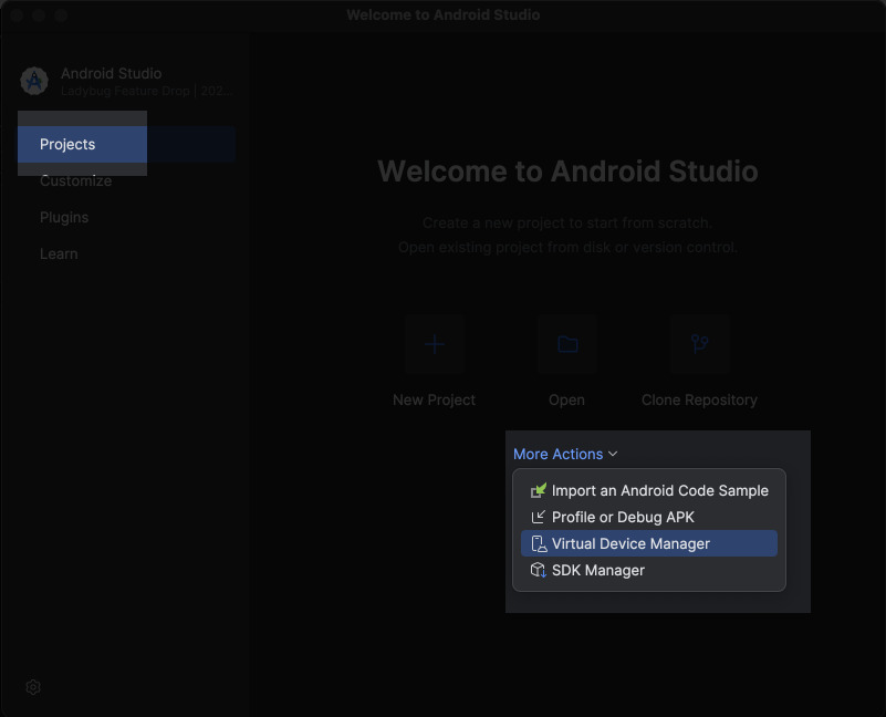 В раздела Android Studio Отидете в раздела Проекти, щракнете върху повече действия и изберете Virtual Device Manager