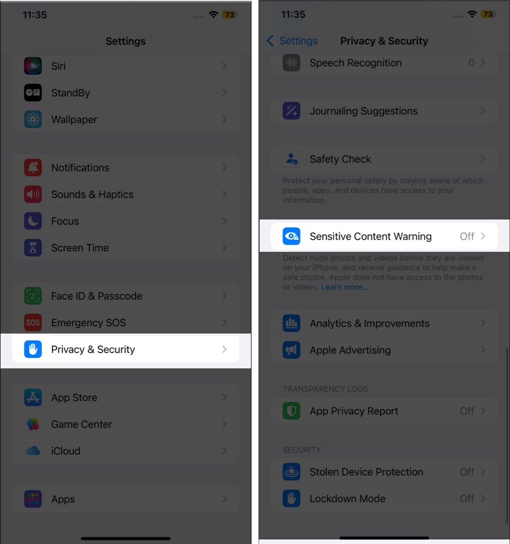 Accessing Sensitive Content Warning settings under Privacy and Security settings on an iPhone