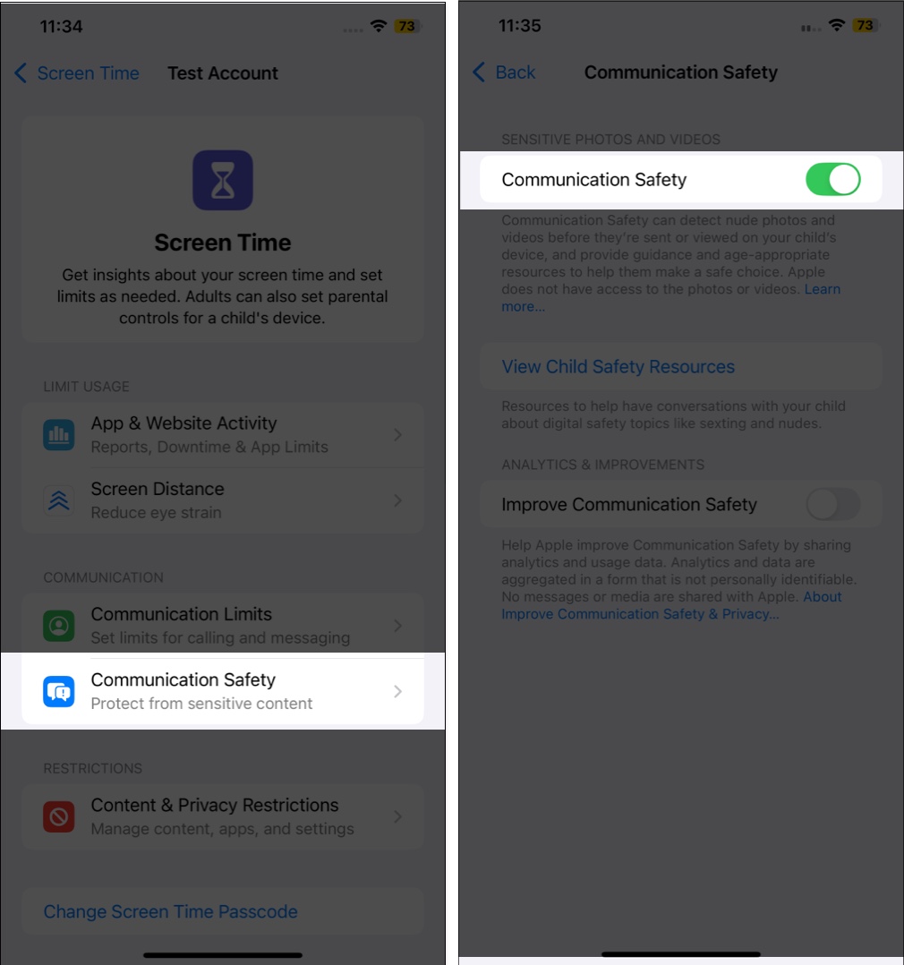 Turning on the Communication Safety feature on an iPhone