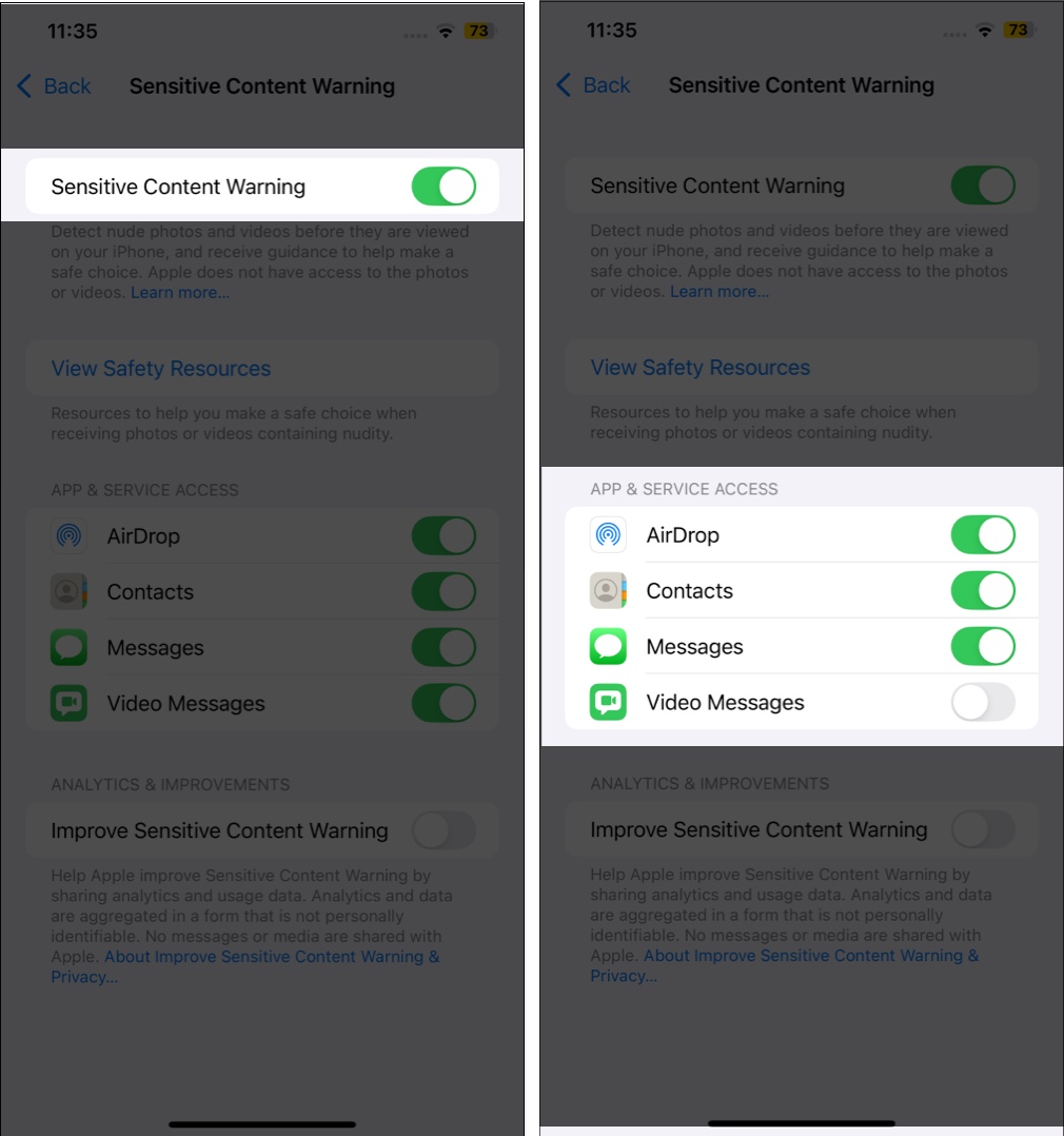 Turning on Sensitive Content Warning and toggling it off for specific apps