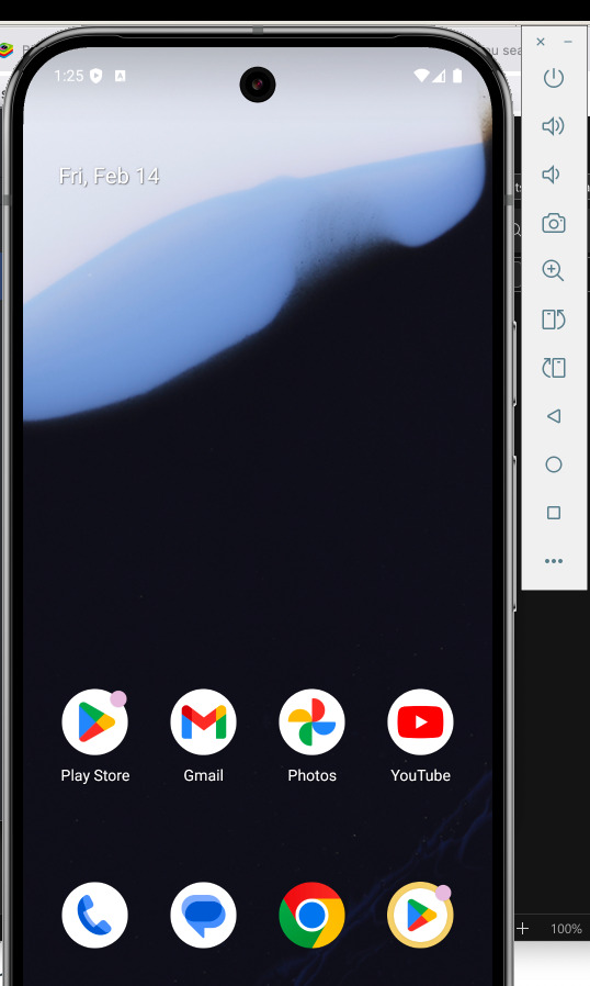 Virtual Android устройство, показано на екрана на емулатора