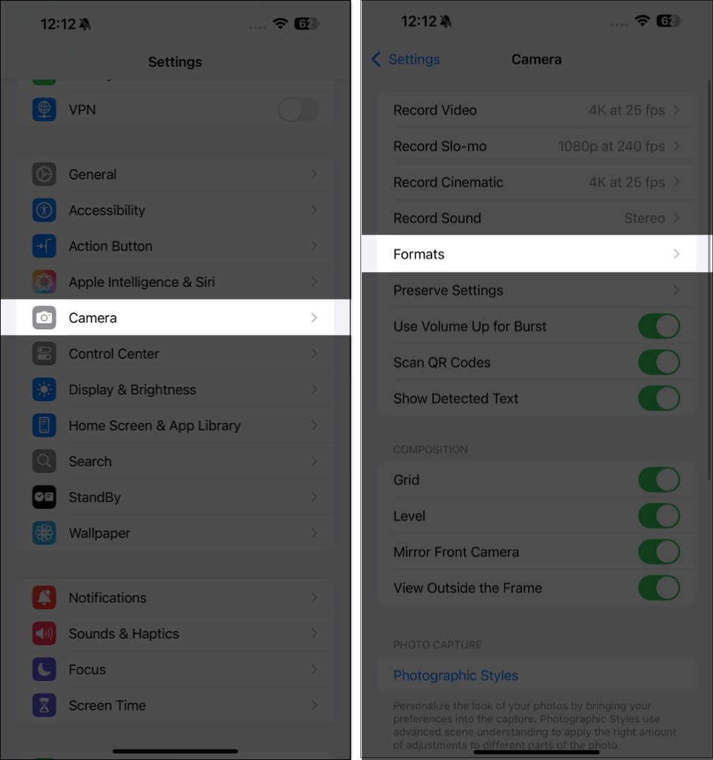 Få tilgang til formater under kamerainnstillinger i iOS -innstillingsappen