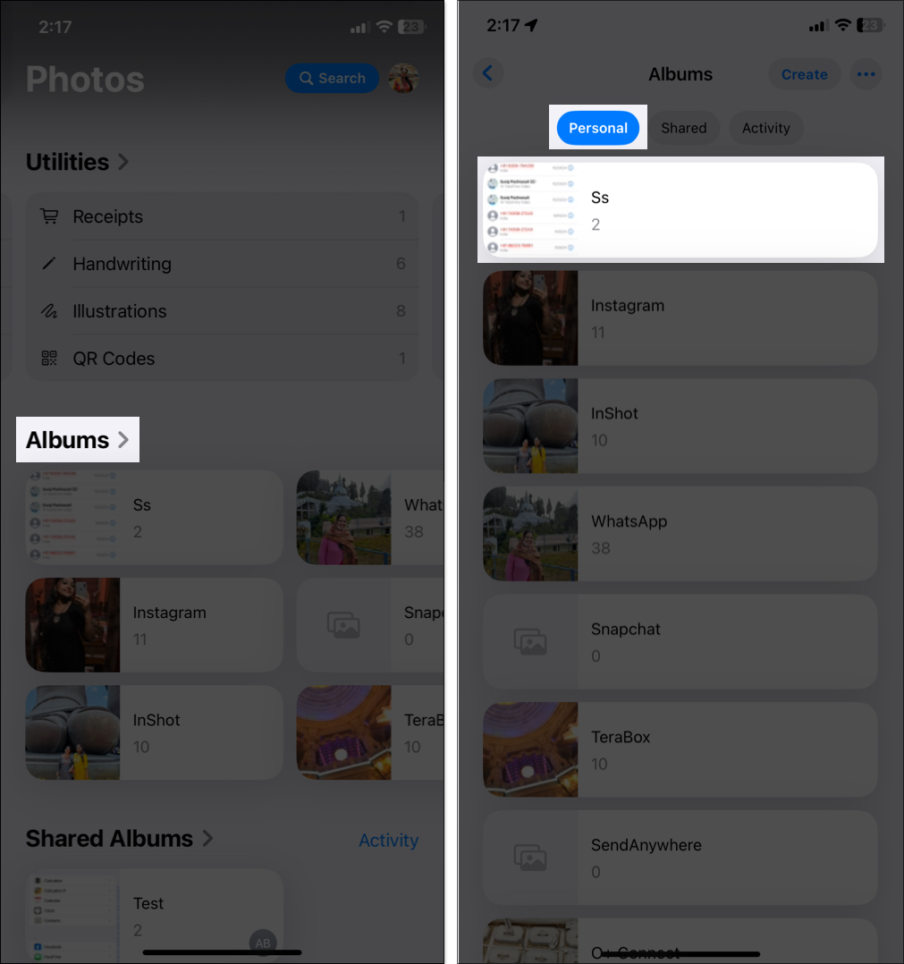 Accessing Personal tab in Albums on iOS Photos app
