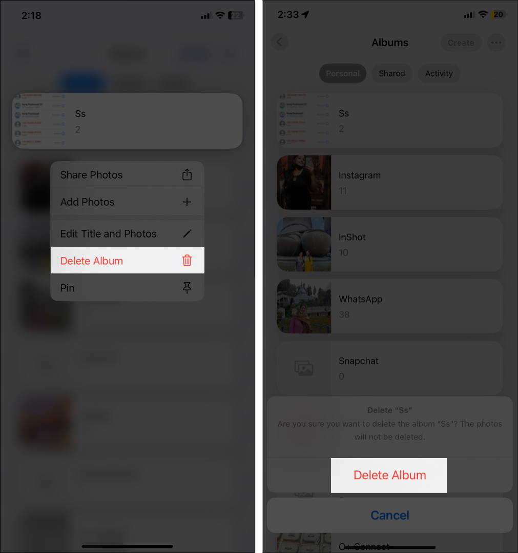 Choosing Delete Album option from the drop down to delete a photo album from Photos app