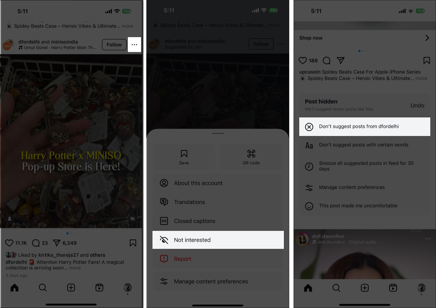 Using Instagram's Not Interested option to opt out of seeing unwanted content on an iPhone.