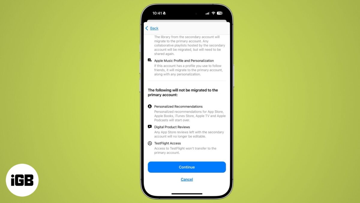 Migrating purchases from one apple account to another apple account on an iphone