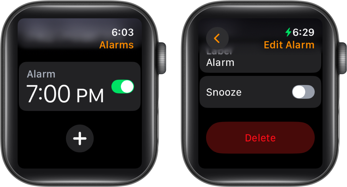 Deleting an alarm in the Alarms app on an Apple Watch