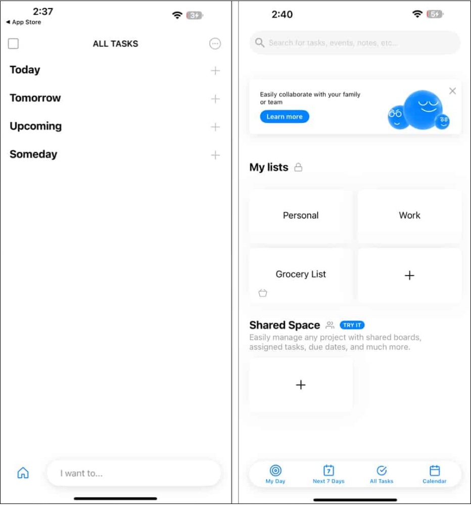 Anydo to do list and planner reminder apps on iPhone