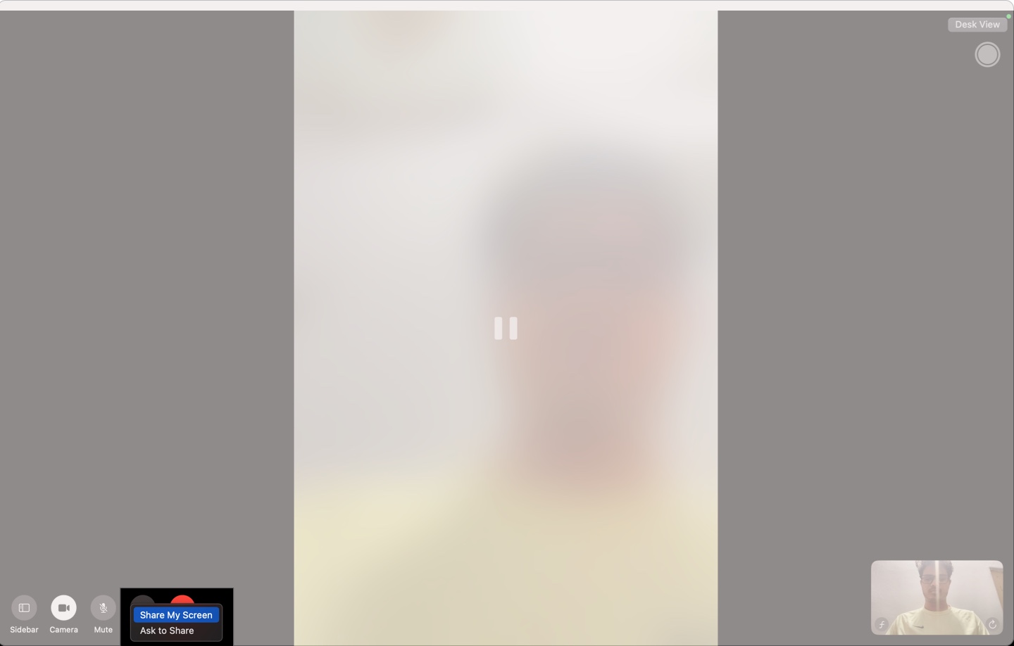FaceTime on Mac with Share My Screen option highlighted during video call