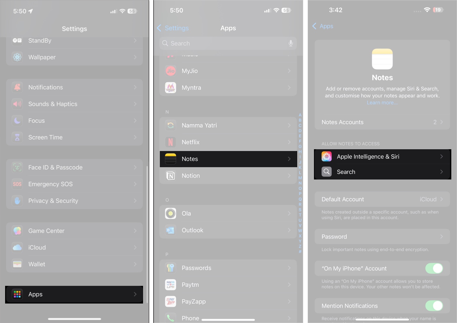 Apple Intelligence Siri και Επιλογές αναζήτησης στο πλαίσιο της εφαρμογής σημειώσεων στην εφαρμογή Ρυθμίσεις iOS