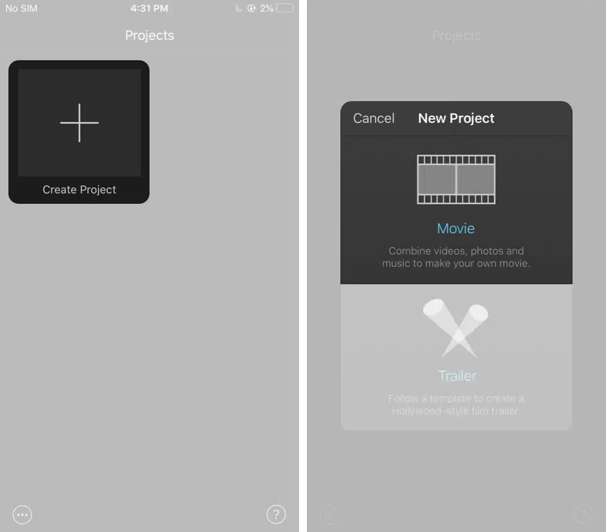 Tap on create project and then tap on movie