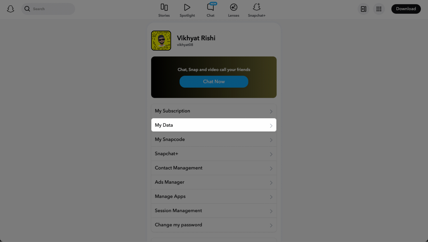 log in to the snapchat website and click on my data under the profile menu
