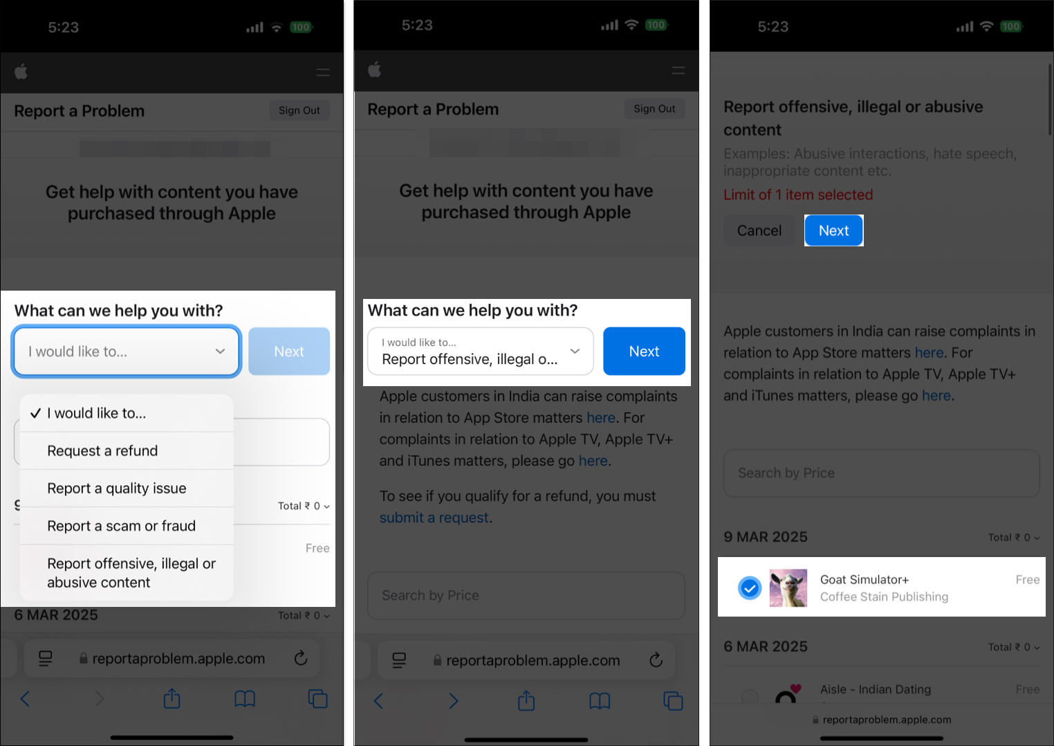 Selecting the Report Offensive Illegal or Abusive Content option on Apple's Report a Problem webpage and selecting the app to report it.