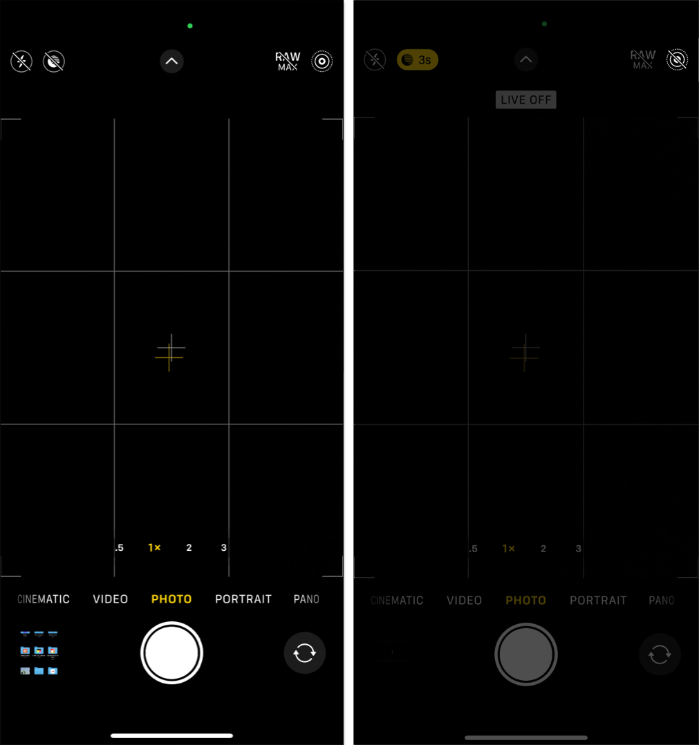 Turning off the Live Photo option in the Camera app on an iPhone