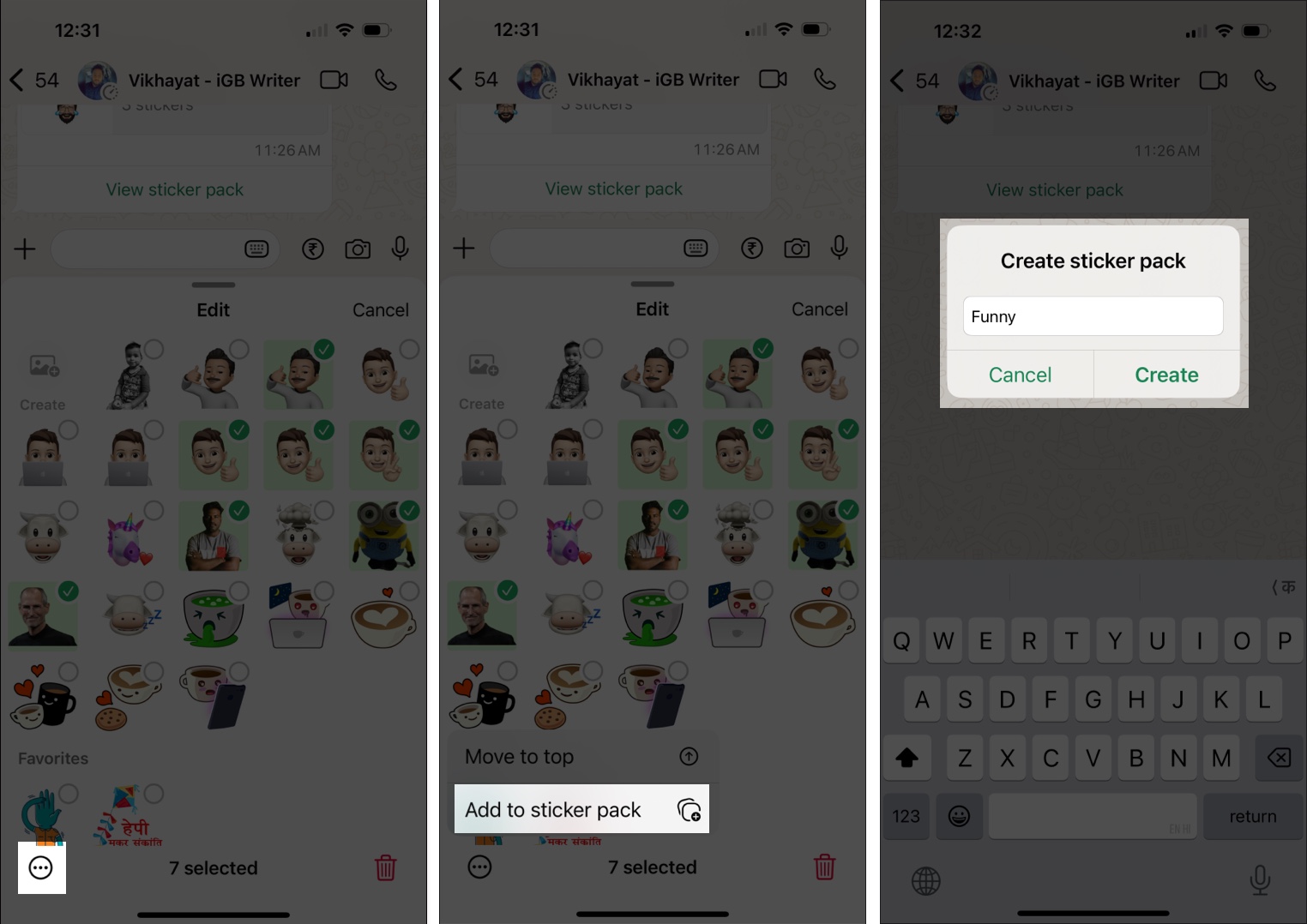 Üç nöqtəli menyunu istifadə edərək WhatsApp-da xüsusi etiket paketi yaradın