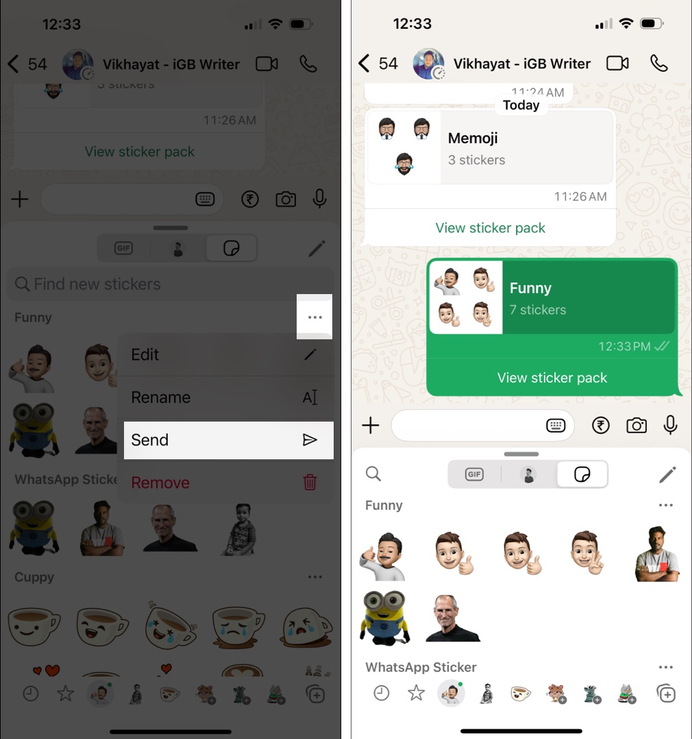 Üç nöqtəli menyudan istifadə edərək WhatsApp-da xüsusi etiket paketi göndərin